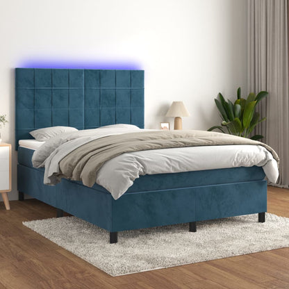 Cama box spring c/ colchão/LED 140x190 cm veludo azul-escuro