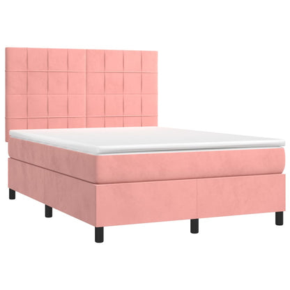 Cama box spring c/ colchão/LED 140x190 cm veludo rosa