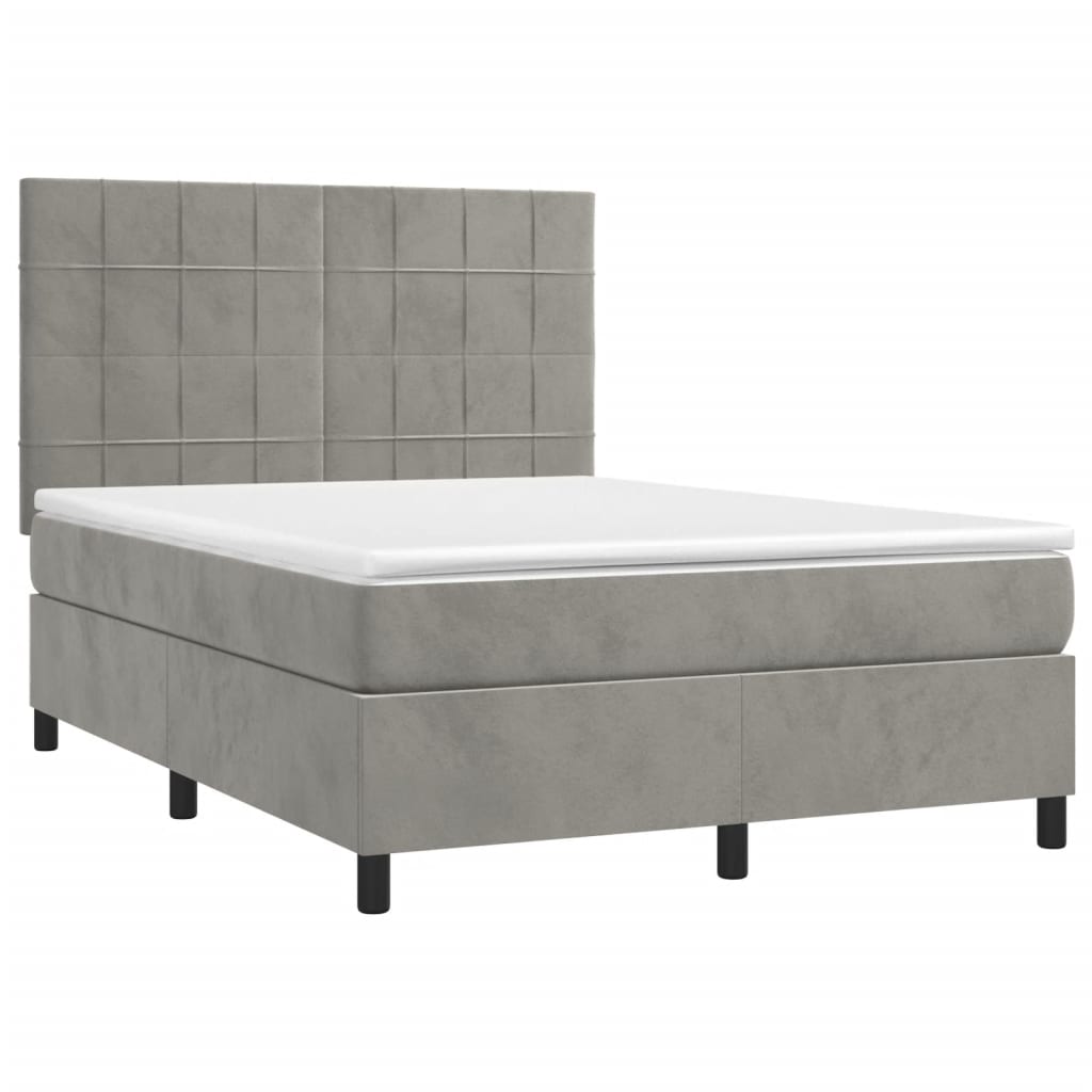 Cama box spring c/ colchão/LED 140x200 cm veludo cinzento-claro