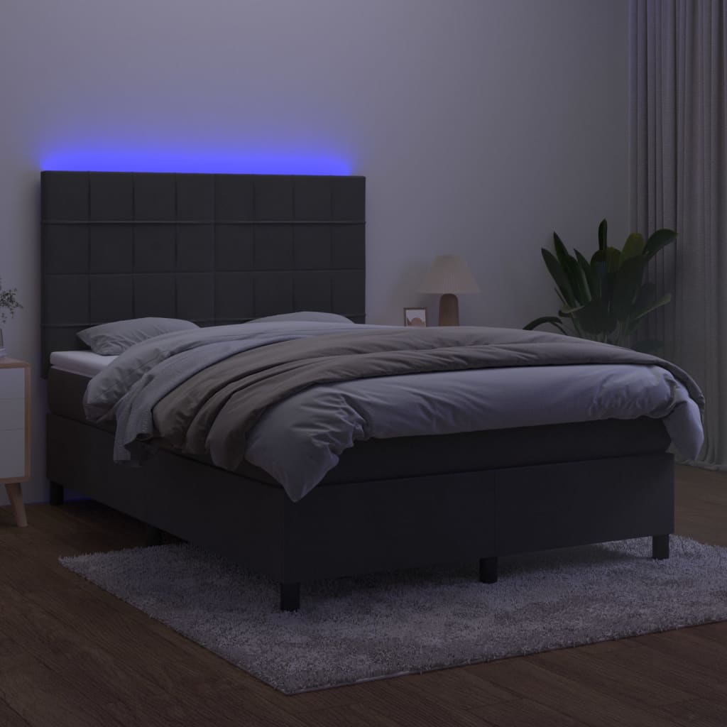 Cama box spring c/ colchão/LED 140x200cm veludo cinzento-escuro