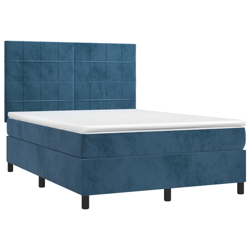 Cama box spring c/ colchão/LED 140x200 cm veludo azul-escuro