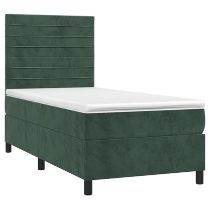 Cama box spring c/ colchão/LED 80x200 cm veludo verde-escuro