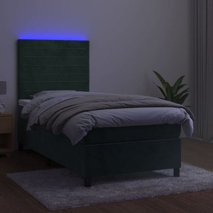 Cama box spring c/ colchão/LED 90x190 cm veludo verde-escuro