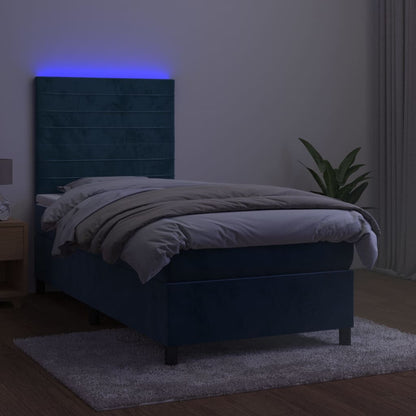 Cama box spring c/ colchão/LED 90x190 cm veludo azul-escuro