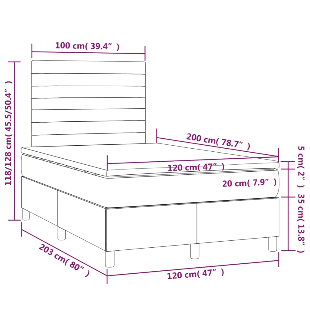 Cama box spring c/ colchão/LED 120x200cm veludo cinzento-escuro