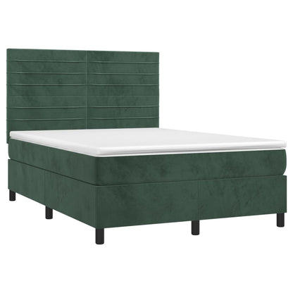 Cama box spring c/ colchão/LED 140x190 cm veludo verde-escuro