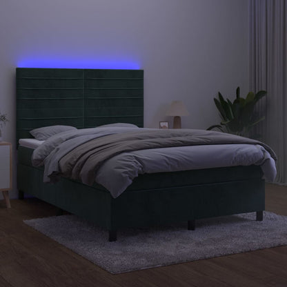 Cama box spring c/ colchão/LED 140x190 cm veludo verde-escuro