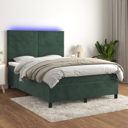 Cama box spring c/ colchão/LED 140x190 cm veludo verde-escuro