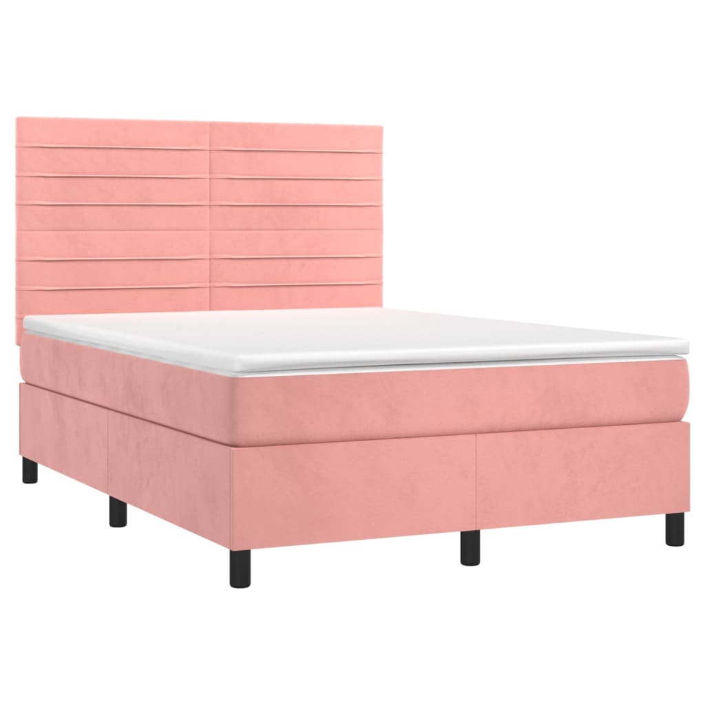 Cama box spring c/ colchão/LED 140x190 cm veludo rosa