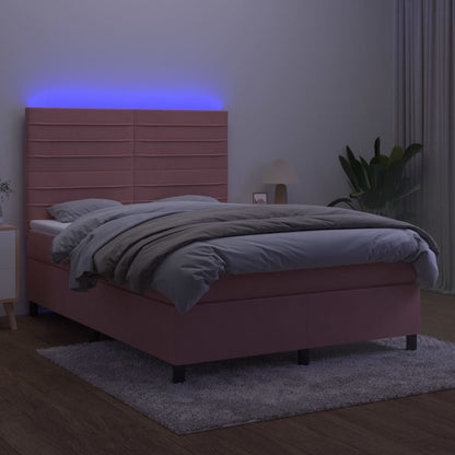 Cama box spring c/ colchão/LED 140x190 cm veludo rosa