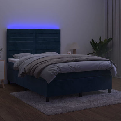 Cama box spring c/ colchão/LED 140x200 cm veludo azul-escuro