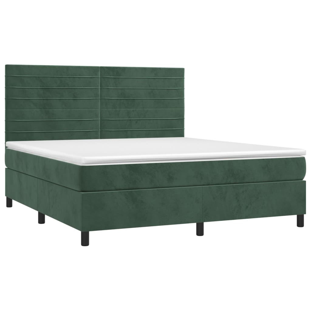 Cama box spring c/ colchão/LED 160x200 cm veludo verde-escuro