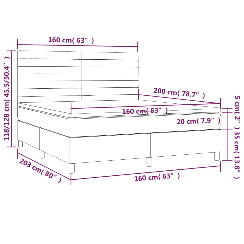 Cama box spring c/ colchão/LED 160x200 cm veludo verde-escuro