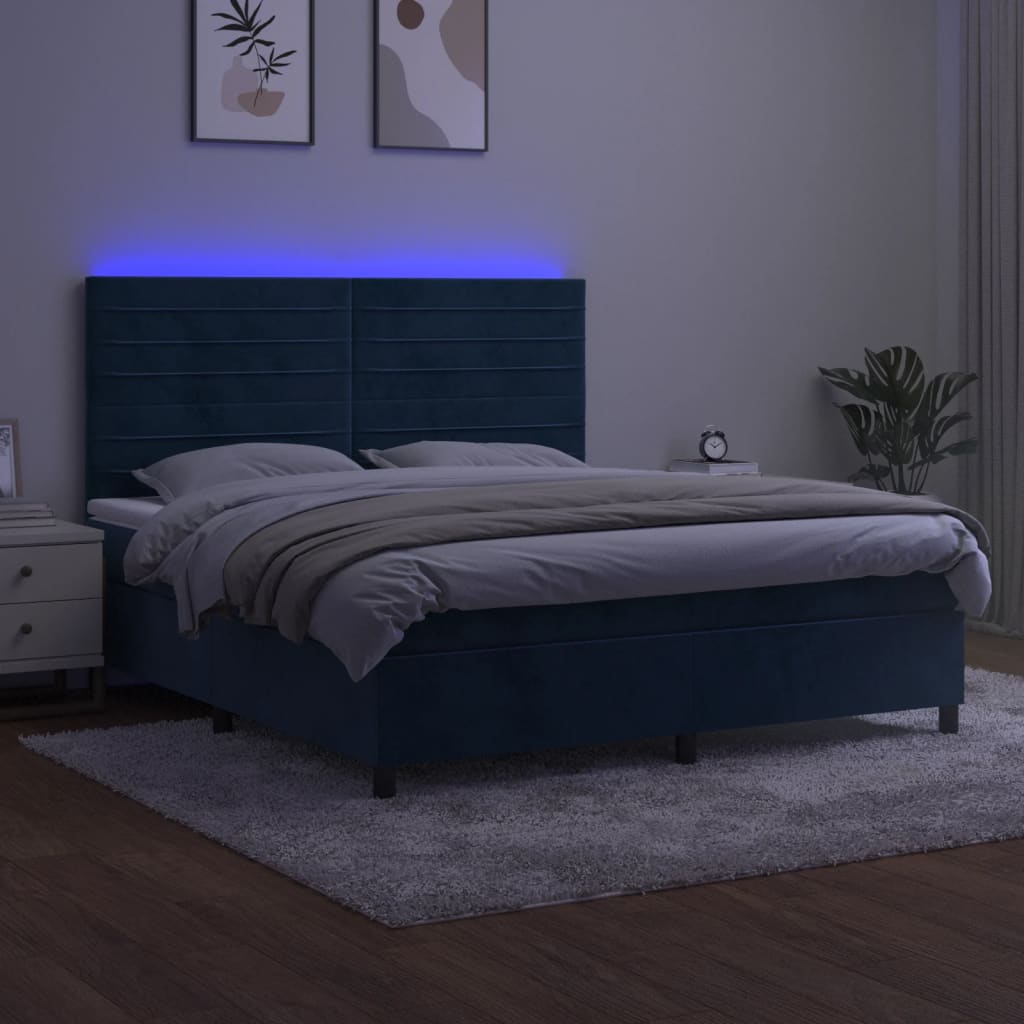 Cama box spring c/ colchão/LED 160x200 cm veludo azul-escuro