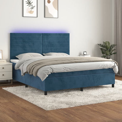 Cama box spring c/ colchão/LED 160x200 cm veludo azul-escuro