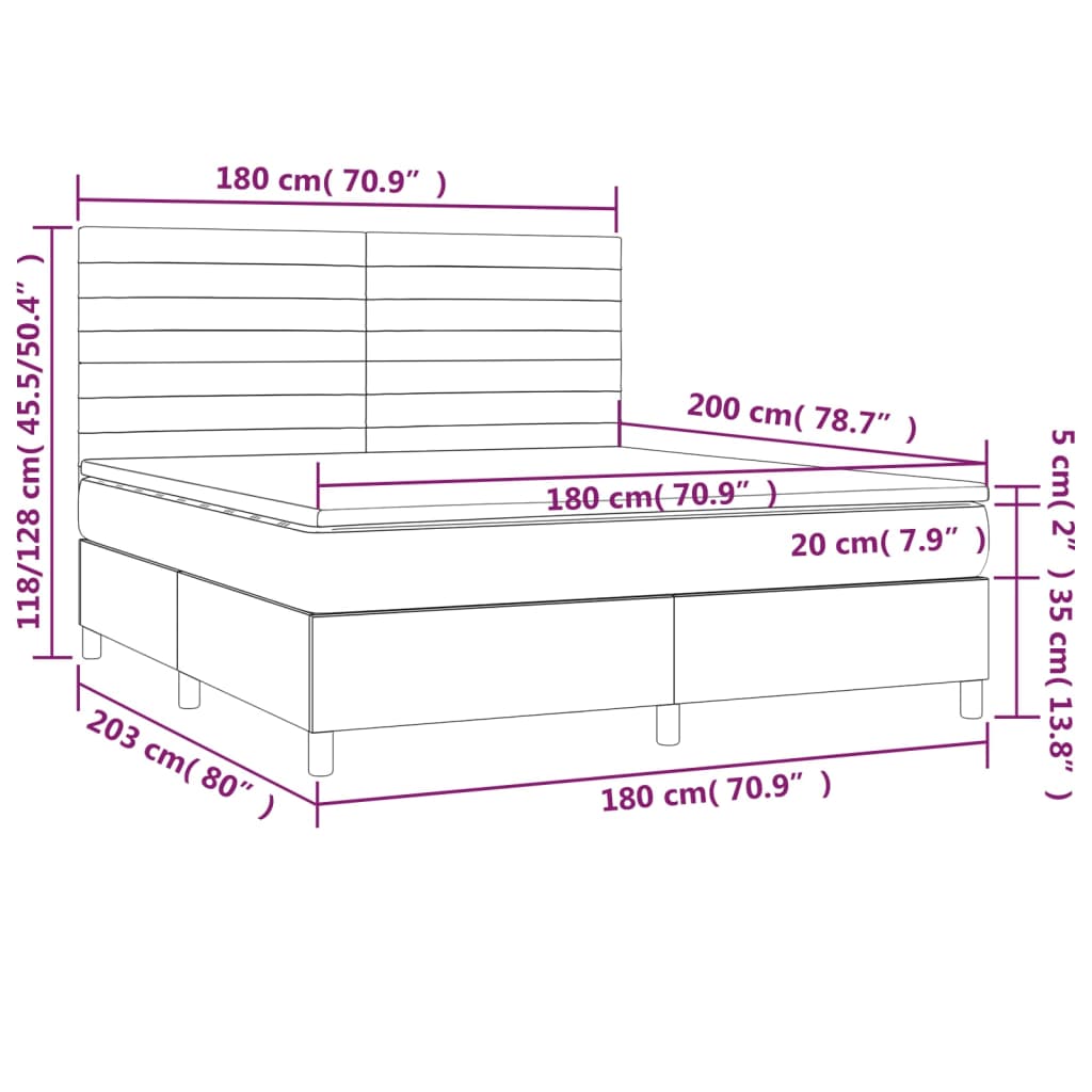 Cama box spring c/ colchão/LED 180x200 cm veludo cinzento-claro