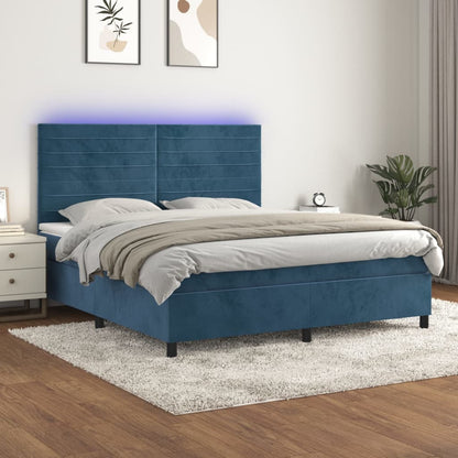 Cama box spring c/ colchão/LED 180x200 cm veludo azul-escuro