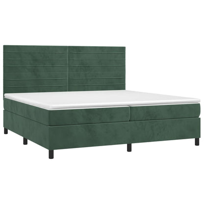 Cama box spring c/ colchão/LED 200x200 cm veludo verde-escuro