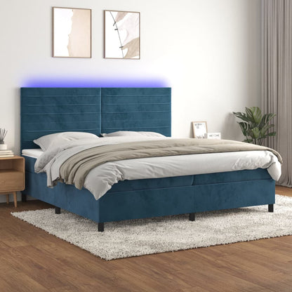 Cama box spring c/ colchão/LED 200x200 cm veludo azul-escuro