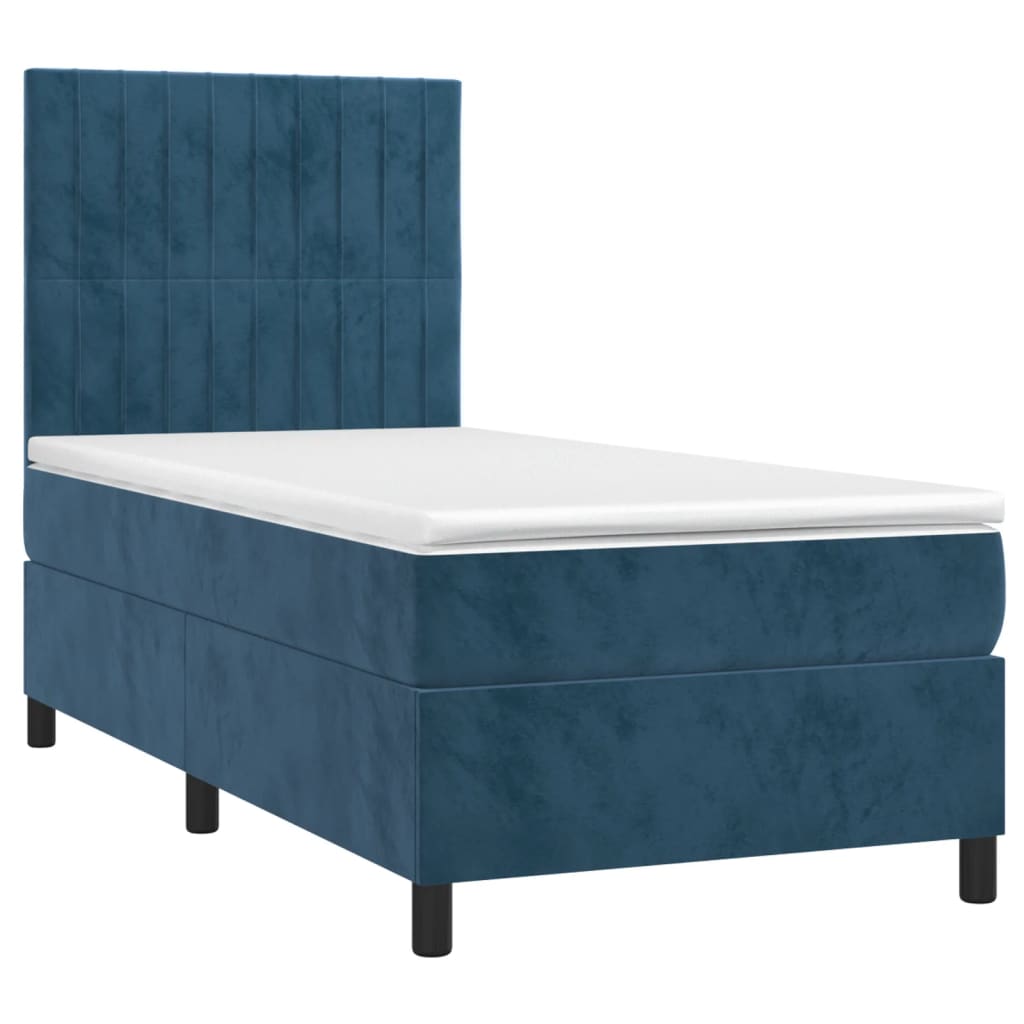 Cama box spring c/ colchão/LED 90x190 cm veludo azul-escuro