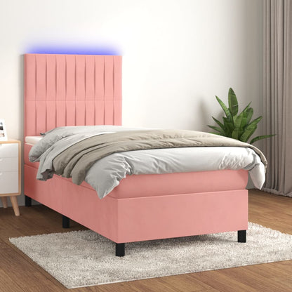 Cama box spring c/ colchão/LED 90x190 cm veludo rosa