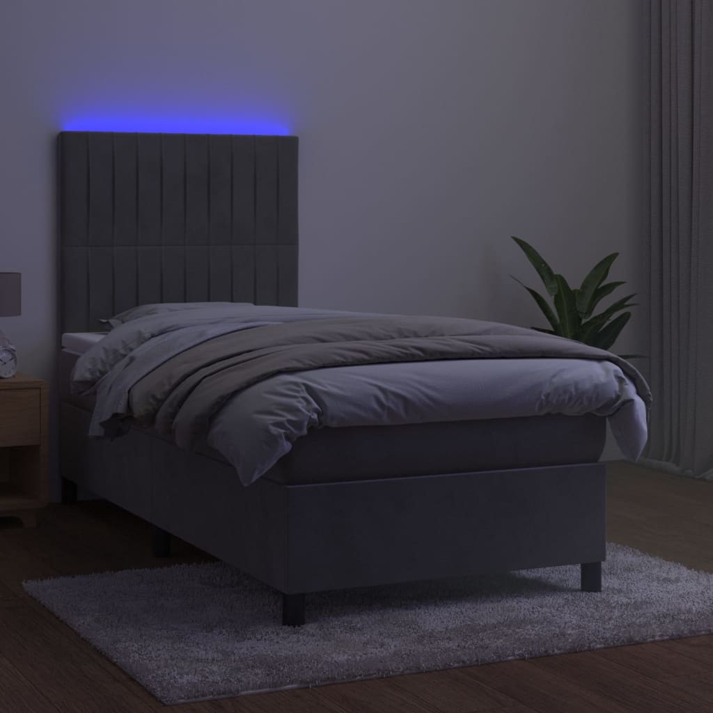 Cama box spring c/ colchão/LED 100x200 cm veludo cinzento-claro