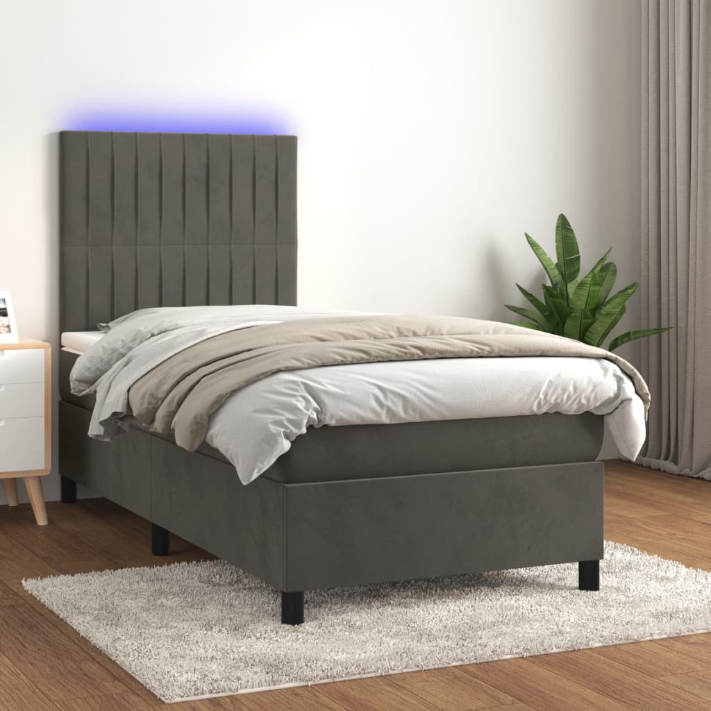 Cama box spring c/ colchão/LED 100x200cm veludo cinzento-escuro