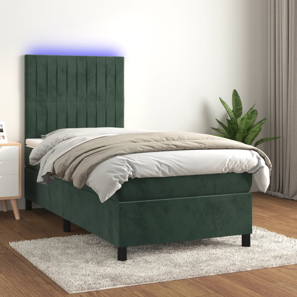 Cama box spring c/ colchão/LED 100x200 cm veludo verde-escuro