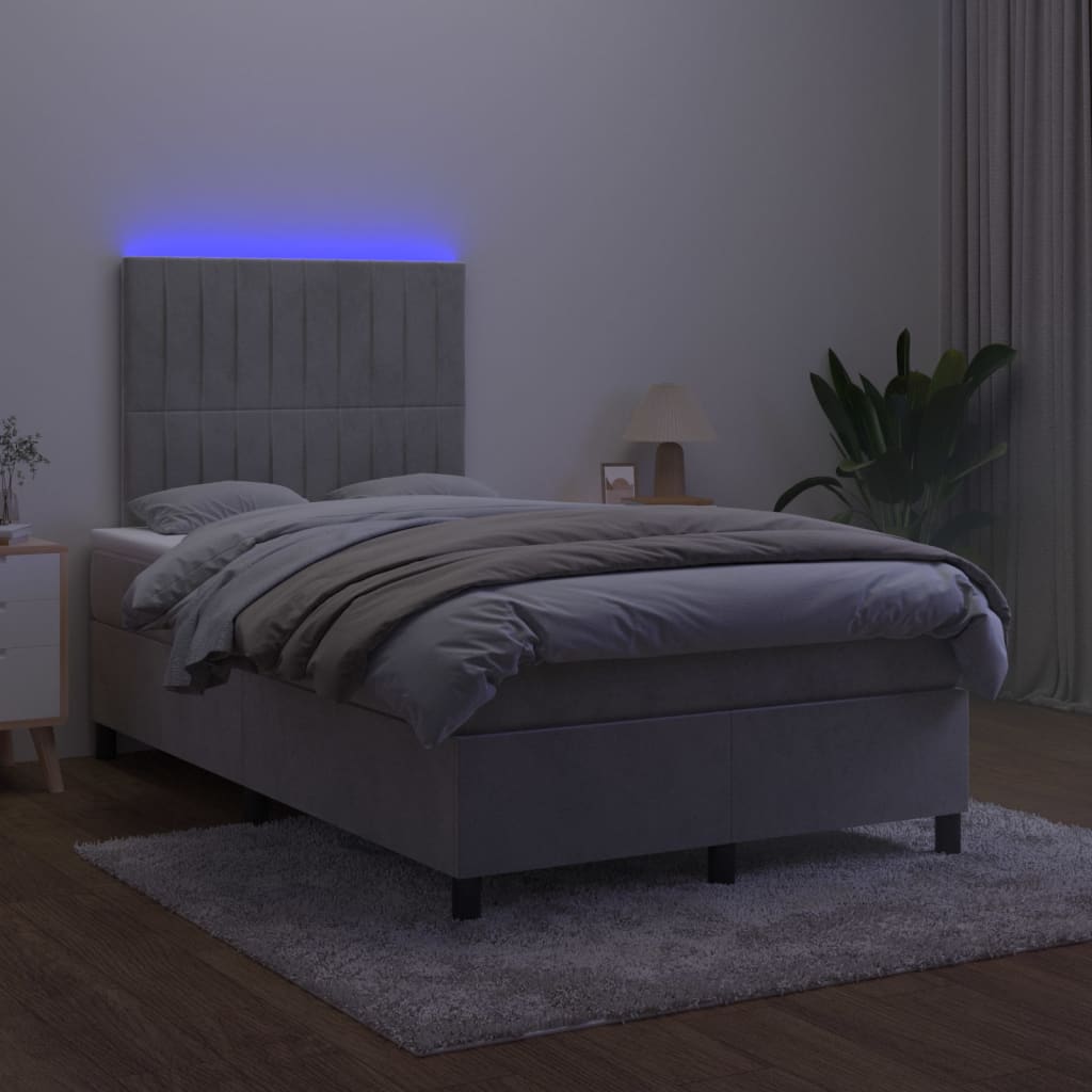 Cama box spring c/ colchão/LED 120x200 cm veludo cinzento-claro