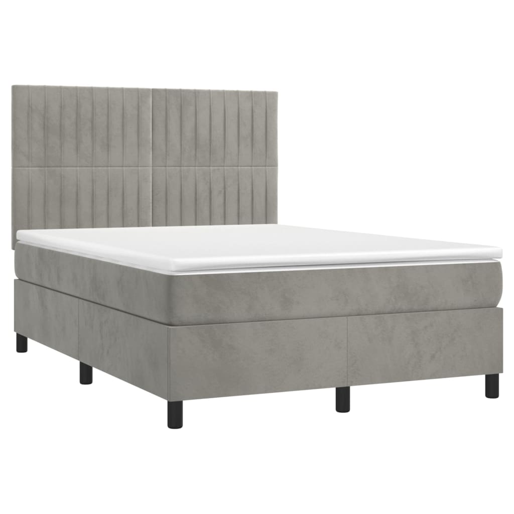 Cama box spring c/ colchão/LED 140x190 cm veludo cinzento