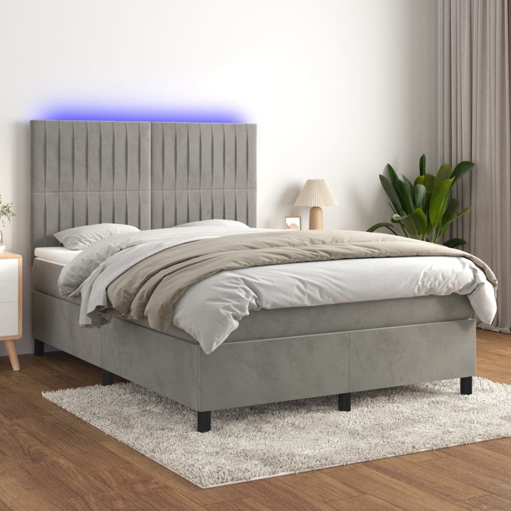 Cama box spring c/ colchão/LED 140x190 cm veludo cinzento