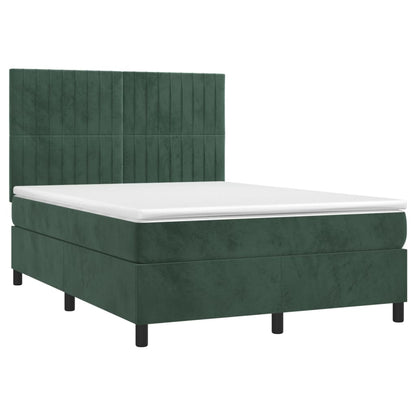 Cama box spring c/ colchão/LED 140x190 cm veludo verde-escuro