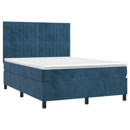 Cama box spring c/ colchão/LED 140x190 cm veludo azul-escuro