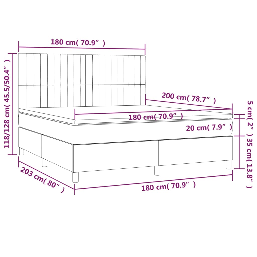 Cama box spring c/ colchão/LED 180x200cm veludo cinzento-escuro