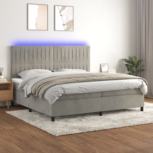 Cama box spring c/ colchão/LED 200x200 cm veludo cinzento-claro