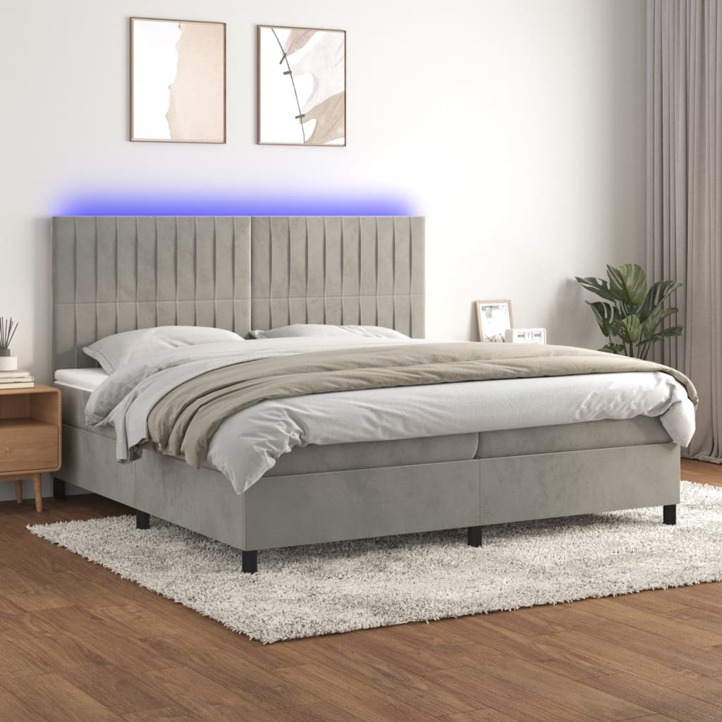 Cama box spring c/ colchão/LED 200x200 cm veludo cinzento-claro