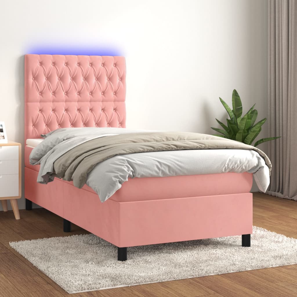 Cama box spring c/ colchão/LED 80x200 cm veludo rosa