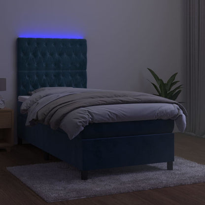 Cama box spring c/ colchão/LED 90x190 cm veludo azul-escuro