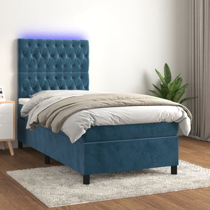 Cama box spring c/ colchão/LED 90x190 cm veludo azul-escuro