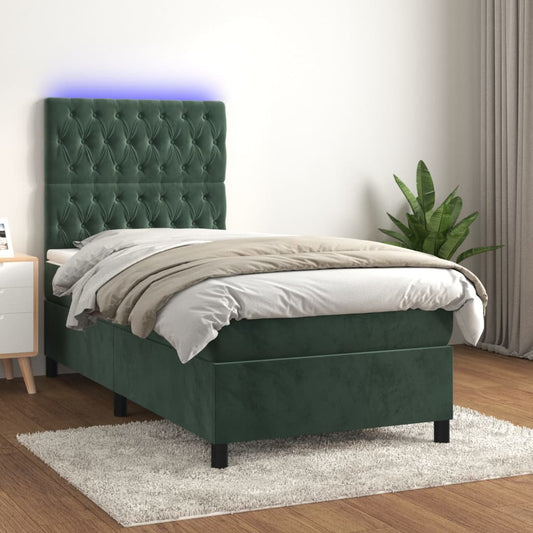 Cama box spring c/ colchão/LED 90x200 cm veludo verde-escuro