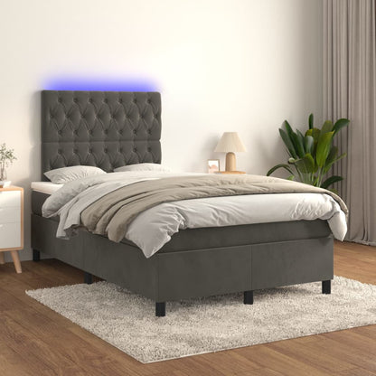 Cama box spring c/ colchão/LED 120x200cm veludo cinzento-escuro