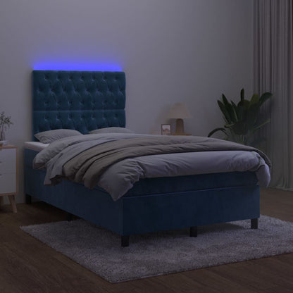 Cama box spring c/ colchão/LED 120x200 cm veludo azul-escuro