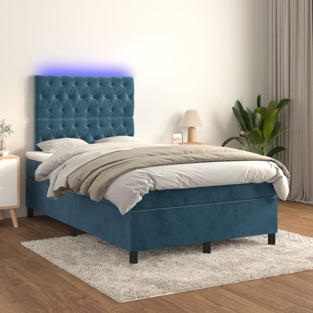 Cama box spring c/ colchão/LED 120x200 cm veludo azul-escuro