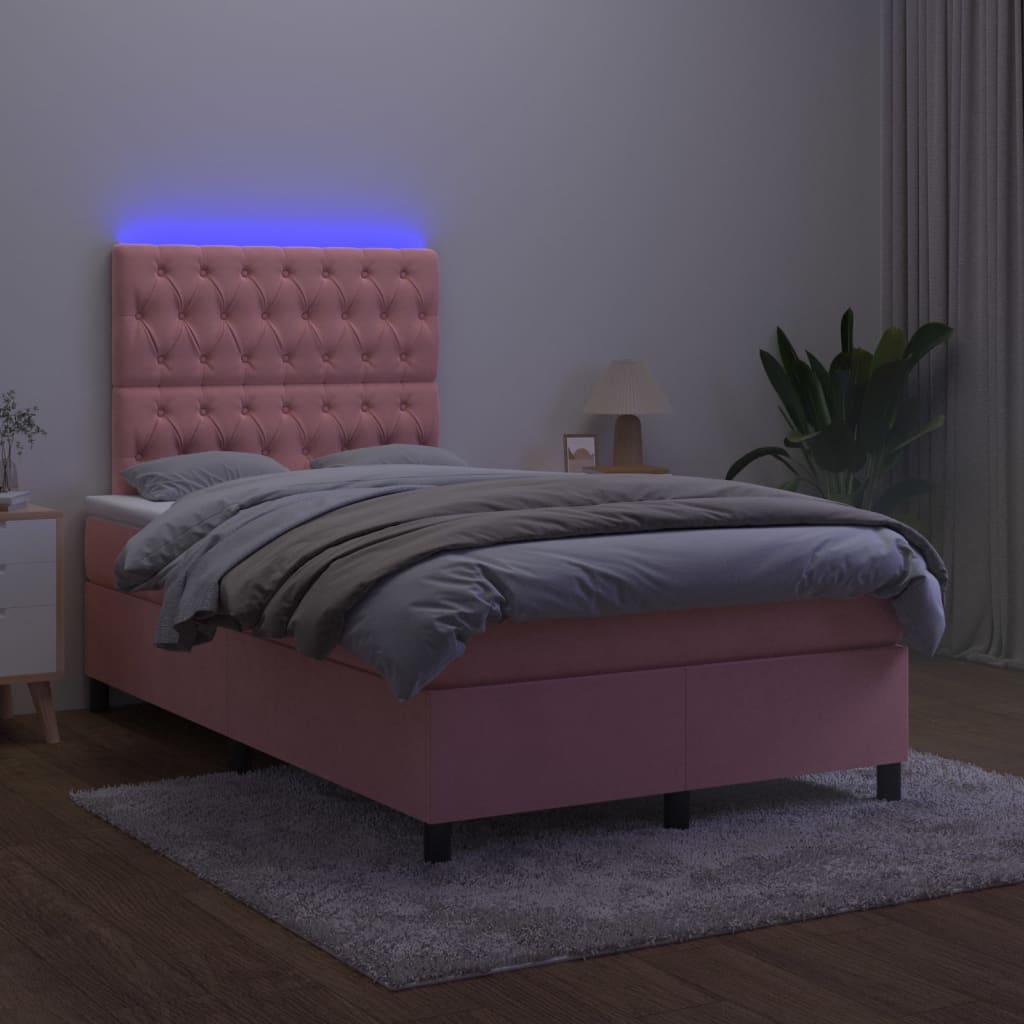 Cama box spring c/ colchão/LED 120x200 cm veludo rosa