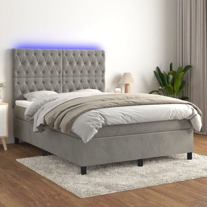 Cama box spring c/ colchão/LED 140x190 cm veludo cinzento