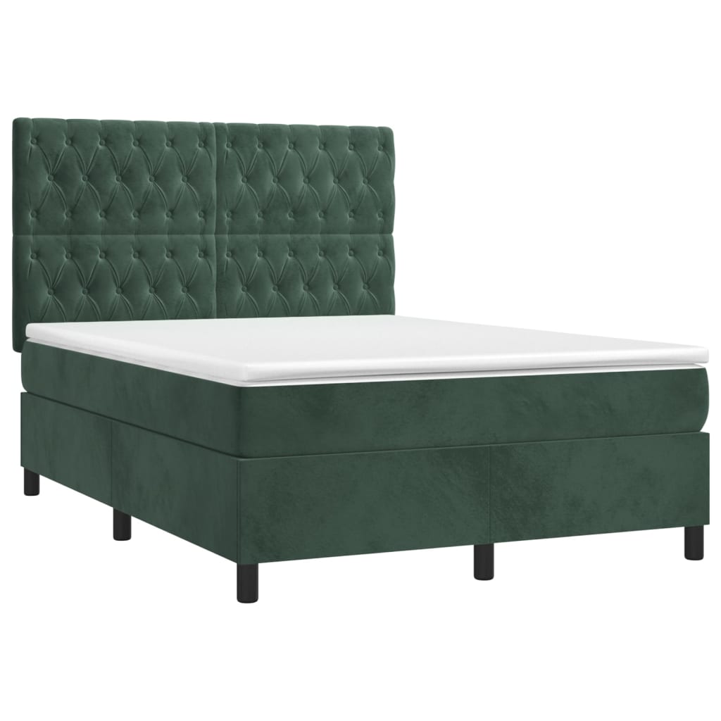 Cama box spring c/ colchão/LED 140x190 cm veludo verde-escuro