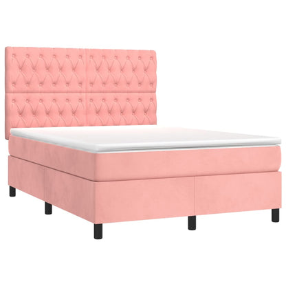 Cama box spring c/ colchão/LED 140x190 cm veludo rosa