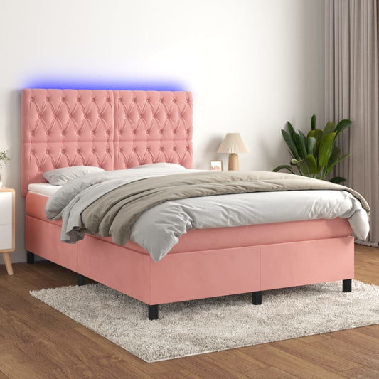 Cama box spring c/ colchão/LED 140x200 cm veludo rosa