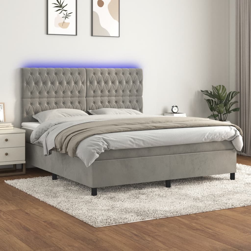 Cama box spring c/ colchão/LED 180x200 cm veludo cinzento-claro