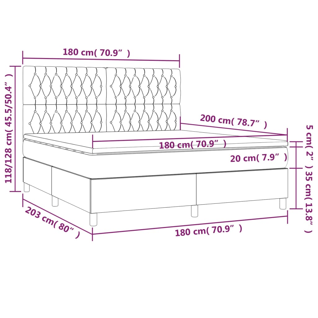 Cama box spring c/ colchão/LED 180x200cm veludo cinzento-escuro